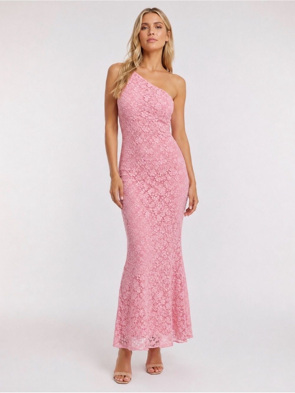 Bardot Albie One Shoulder Lace Bodycon Maxi Dress Pink Long Formal Gown 8 NEW